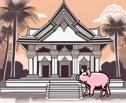 A traditional thai school building with a piggy bank on the foreground
