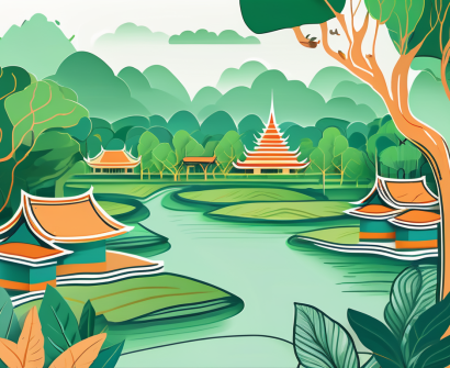 A lush thai landscape with elements symbolizing education