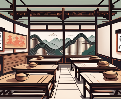 A traditional chinese classroom setting with a chalkboard