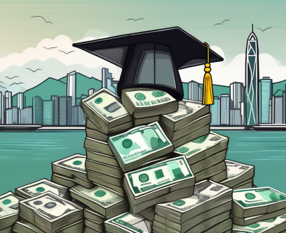 A graduation cap sitting on top of a stack of hong kong dollar bills