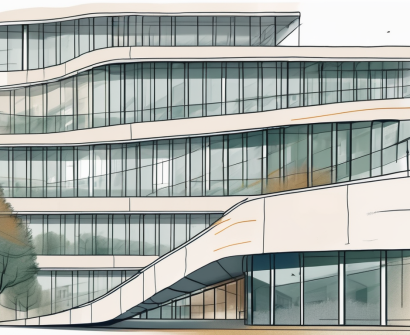 An international school building in berlin with a timeline ribbon winding around it