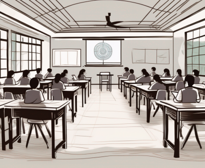 A classroom scene in cambodia with desks arranged in a circle