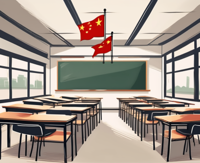 A classroom setting with empty desks and chairs