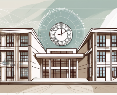 An international school building in hanoi with a timeline depicting different educational phases and a symbolic clock or hourglass to represent years of experience