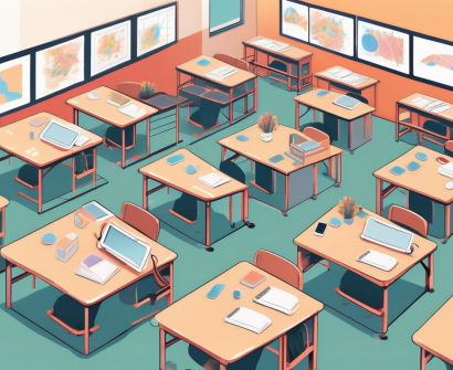 A japanese classroom setting with desks arranged in a circle