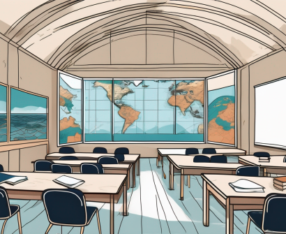 A classroom setting with a globe