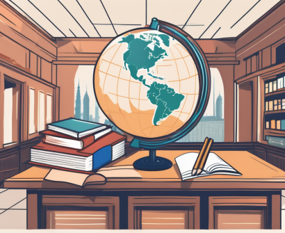 A classroom setting with diverse educational tools and a backdrop of iconic thai landmarks