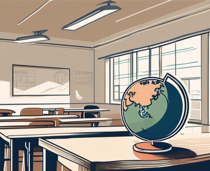 An international school building in austria with an apple and a globe on a teacher's desk inside a classroom