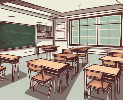 A classroom setting with empty chairs and desks