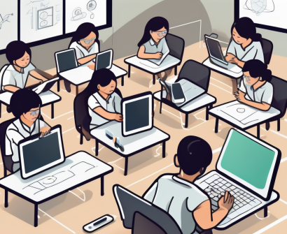 A thai classroom setting with interactive digital tools like tablets on the desks