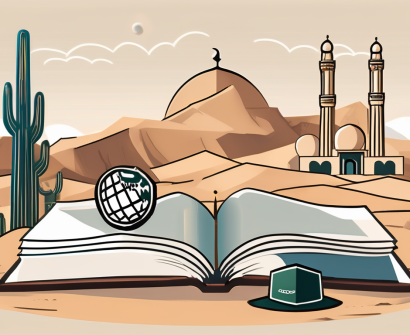 A desert landscape with a traditional saudi arabian building in the background