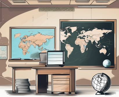 A classroom setting in dubai with a chalkboard displaying various currencies