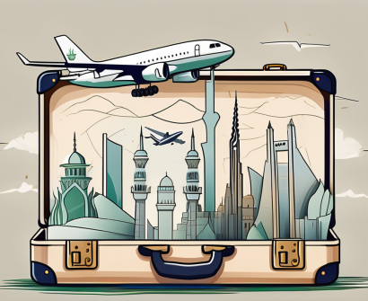 A suitcase adorned with saudi arabian landmarks