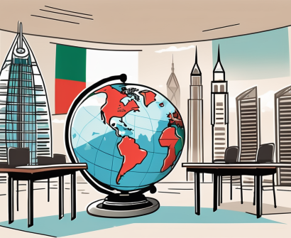 A classroom with international flags