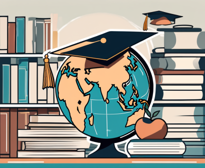 A classroom setting with various symbolic elements such as a stack of books