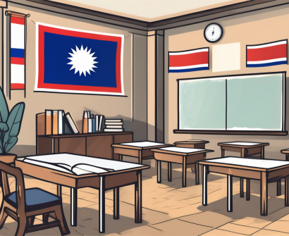 A classroom setting with a thai flag