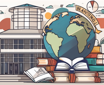 An international school building in brunei surrounded by various educational symbols like books