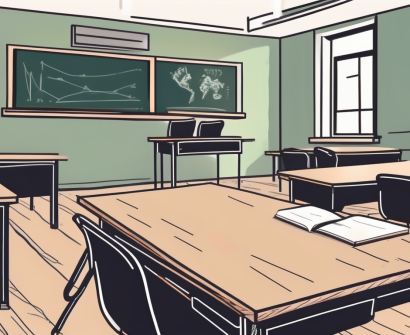 A classroom setting with an empty teacher's desk