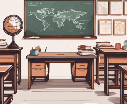 A classroom setting in china with a teacher's desk