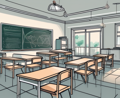 A classroom setting with a chalkboard