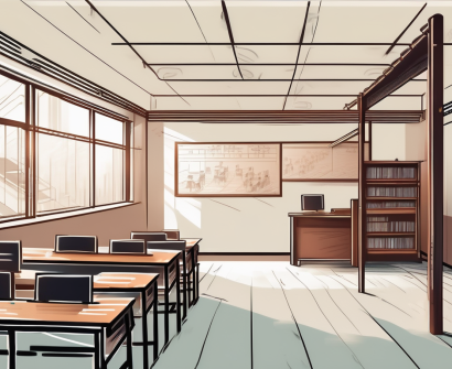 A traditional chinese classroom setting with a ladder ascending towards a modern