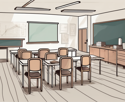 A classroom setting in singapore with various educational tools and a chair in the center