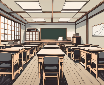 A traditional japanese classroom setting with a chalkboard