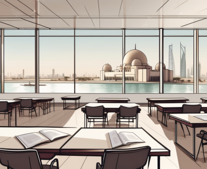 A classroom setting with a view of qatari landmarks like the museum of islamic art and the pearl-qatar in the background