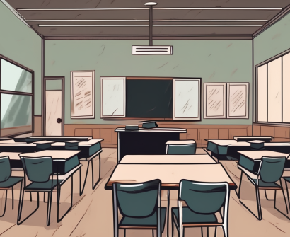 A classroom setting in hong kong with empty desks