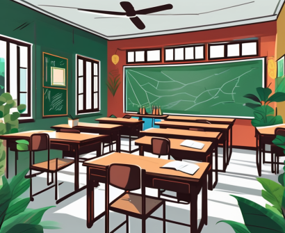 A classroom setting in vietnam with a chalkboard