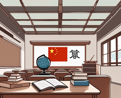A classroom setting in china with various bilingual education tools such as textbooks in both english and chinese