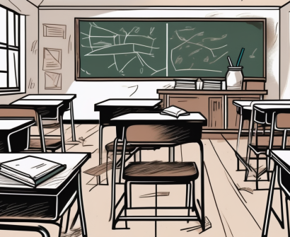 A classroom setting with empty desks and chairs
