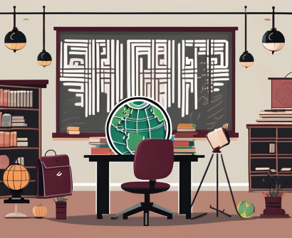 A classroom setting with distinctive cultural elements from both china (like a great wall motif on the wall) and qatar (like a traditional lantern on the desk)