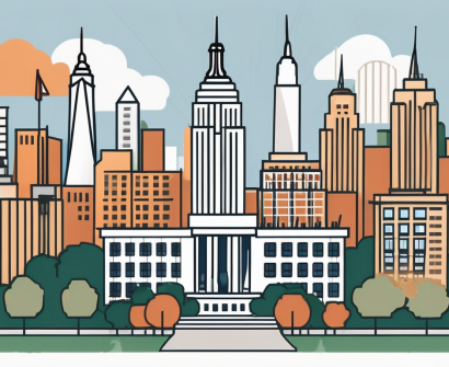 An international school building in new york with various national flags fluttering