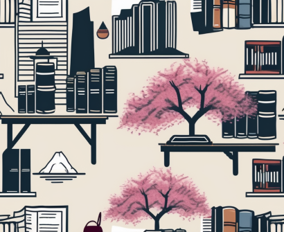 A classroom setting with iconic symbols from both japan (like cherry blossom trees and mount fuji) and qatar (such as the doha skyline and desert landscape)