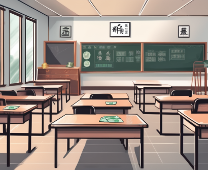 A classroom setting in china with a chalkboard