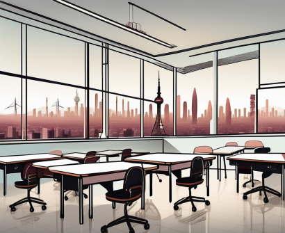 A classroom setting with desks and chairs