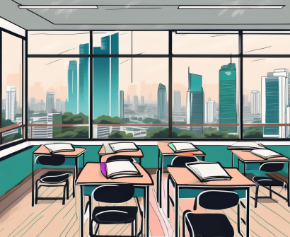 A vibrant classroom setting in bangkok with english textbooks on the desks