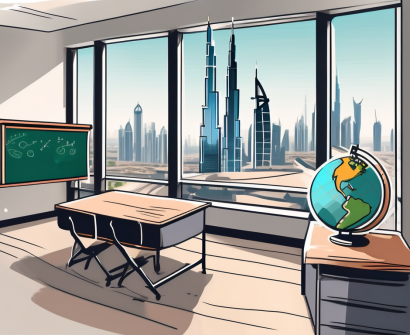 A classroom setting in dubai with a desk