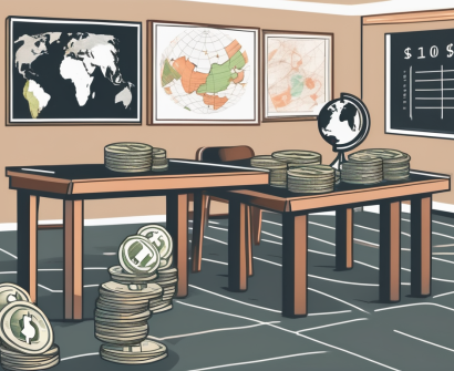 A classroom setting in singapore with a chalkboard displaying various international currencies