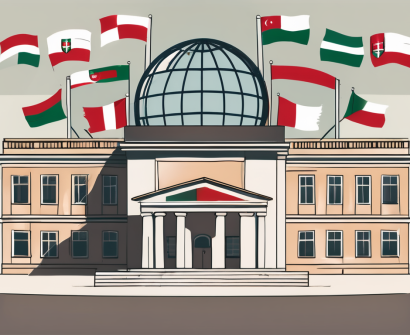 A traditional hungarian school building with a globe and various international flags in the foreground