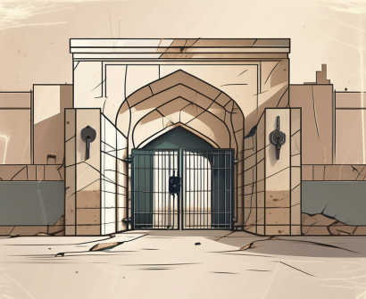 A traditional saudi arabian school building with visible cracks and a broken lock on the entrance gate