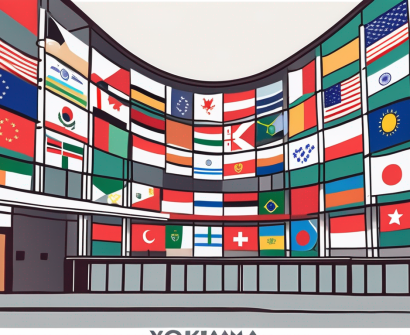 The yokohama international school building with a variety of international flags flying