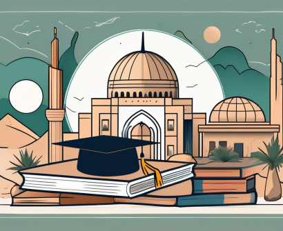 A traditional irish school building with various international flags fluttering in the wind