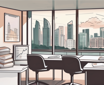 A classroom setting with a few teaching aids and the iconic singapore skyline in the background