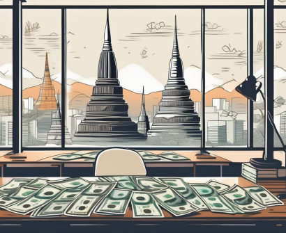 A classroom setting with a view of famous thai landmarks outside the window
