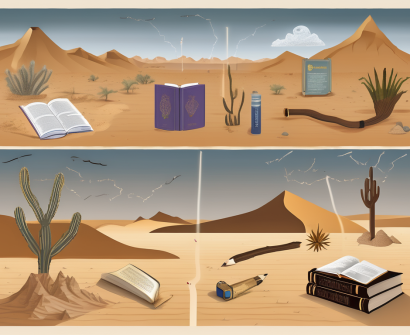 A barren desert landscape with six symbolic elements representing the factors contributing to low literacy rates
