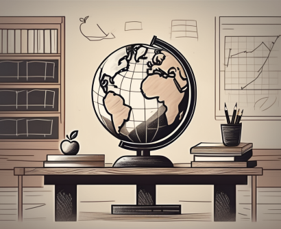 A globe surrounded by various school-related items such as books