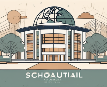 An international school building in jakarta with diverse educational symbols like a globe