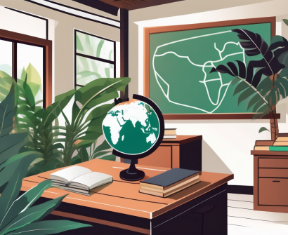 A thai classroom setting with an empty teacher's desk